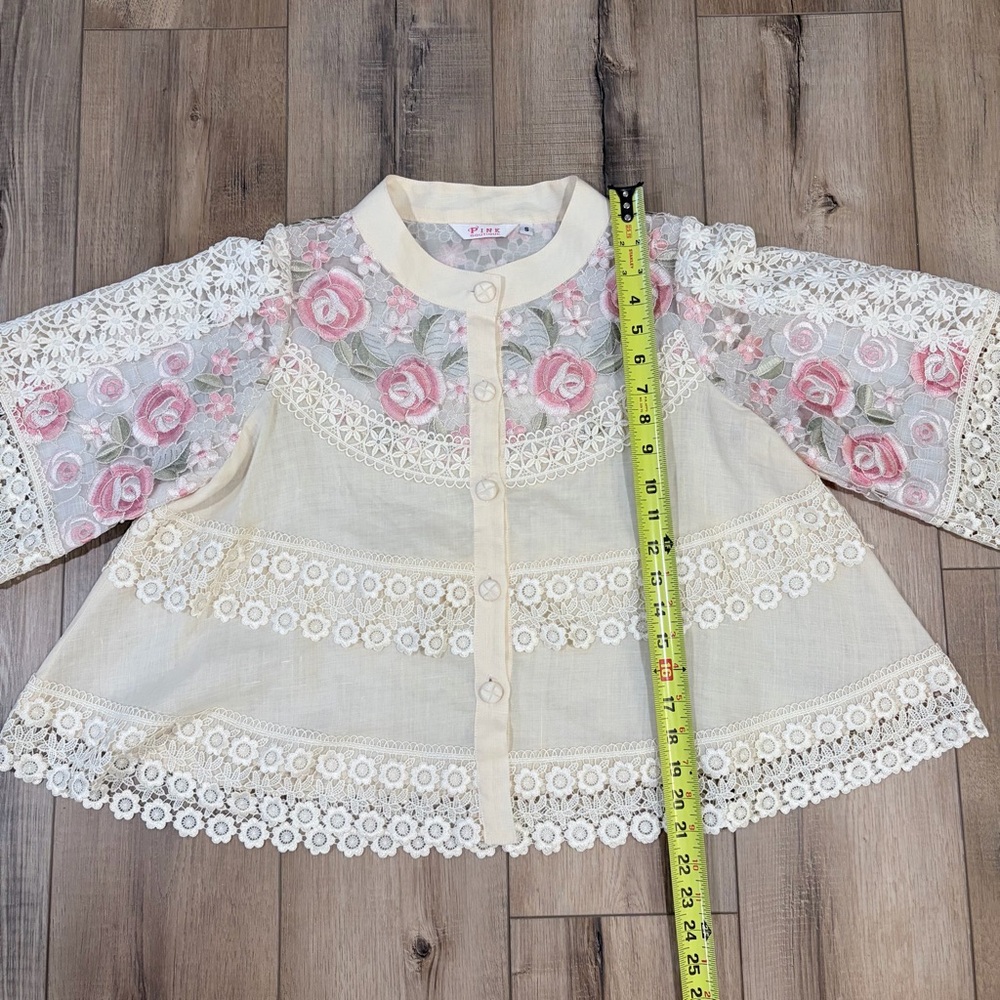 Vintage Lace Floral Blouse Fairycore Romantic Sheer Pink Roses S Coquette - Picture 4 of 5